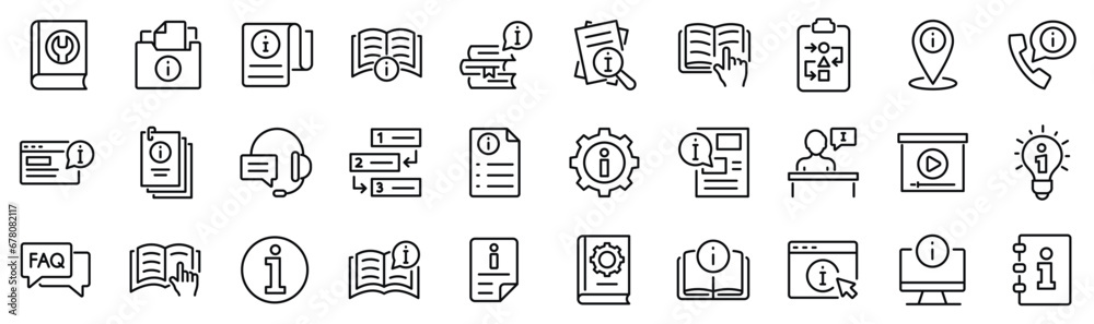 Set of 30 outline icons related to info, guide, information, instructions. Linear icon collection. Editable stroke. Vector illustration - obrazy, fototapety, plakaty 