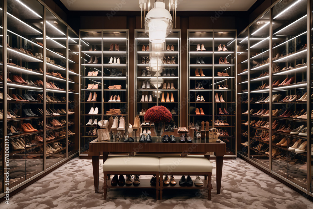 A well-lit shoe closet emphasizes a collection of luxury designer brands, revealing the owner's penchant for high fashion - obrazy, fototapety, plakaty 