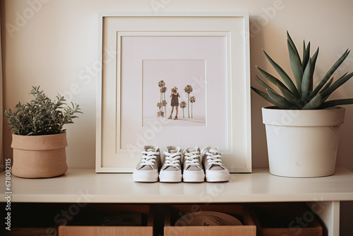 Tiny newborn baby shoes are carefully placed next to a framed  picture on a nursery dresser, signaling the anticipation and joy of a new arrival. photo