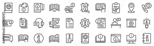 Set of 30 outline icons related to info, guide, information, instructions. Linear icon collection. Editable stroke. Vector illustration
