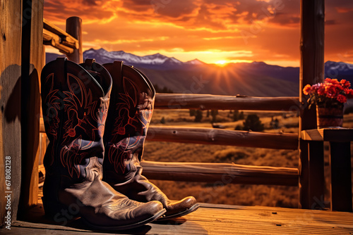  A pair of worn cowboy boots is casually placed on the porch of a rural cabin, complemented by the warm colors of a sunset in the background. photo