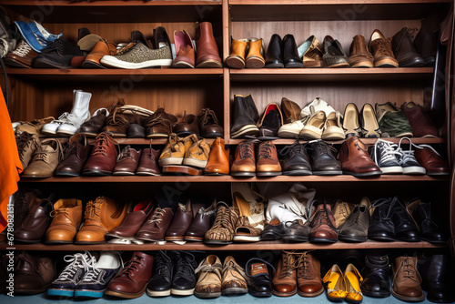 A family closet is shown with a cluttered pile of various types of shoes including sneakers, heels, and boots, suggesting a busy household