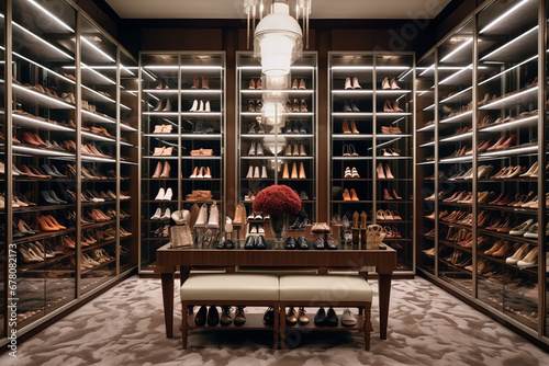 A well-lit shoe closet emphasizes a collection of luxury designer brands, revealing the owner's penchant for high fashion photo