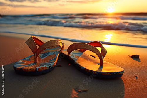A pair of flip-flops is left on a sandy beach, silhouetted by the orange glow of a beautiful sunset over the ocean