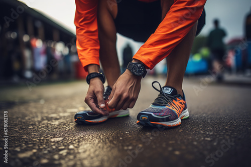 A close-up of an athlete's hands tying the laces of her running shoes, preparing to participate in a marathon race