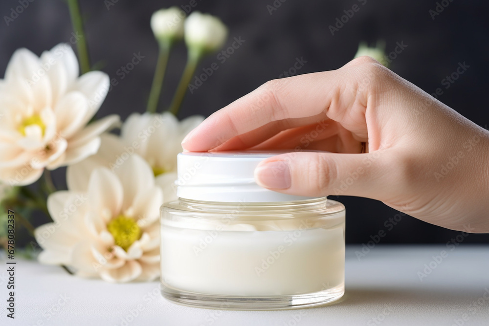 Organic natural skincare concept, open blank cosmetic cream jar with white cream texture inside and woman hand holding glass dropper for dermatologist testing decorate with white flower at background