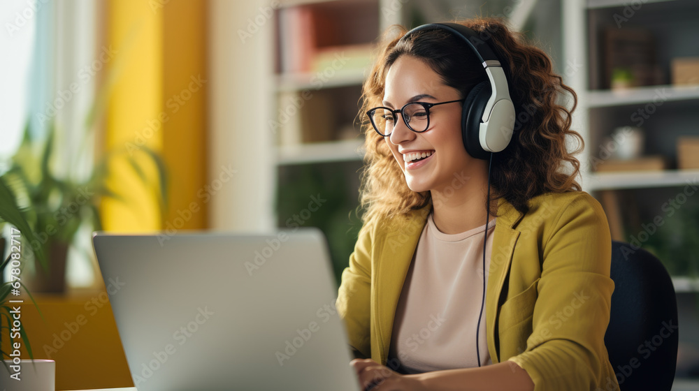 Smiling young woman is using headphones while working on a laptop in a comfortable home setting Smiling young woman is using headphones while working on a laptop in a comfortable home setting