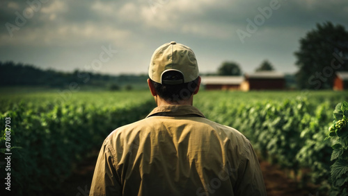 Rear view of farmer on hopfield, farm worker growing hop on plantation, generative ai illustration photo