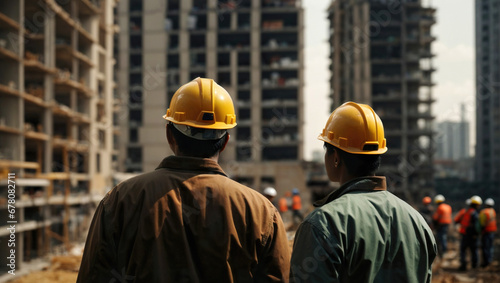 Construction workers on condominium apartment building site controlling engineering project development, generative ai illustration