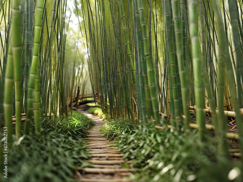 Narrow pathway through bamboo wood forest, generative ai illustration
