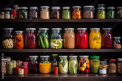 Organised Pantry Items, Non Perishable Food Staples, Healthy Eatings, Fruits, Vegetables And Preserved Foods In Jars On Kitchen Shelf, aesthetic look photo