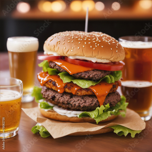 Large tasty burger on bar table with glass of beer, generative ai illustration