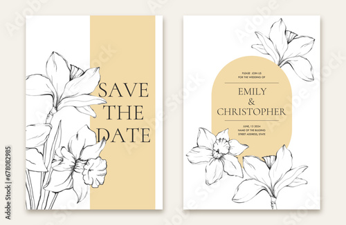 Floral wedding invitation card template, minimalist design with hand-drawn narcissus or daffodil flower