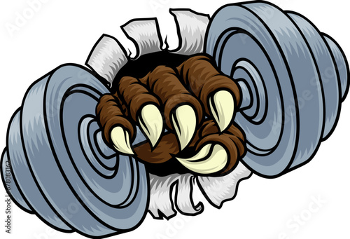 A dumb bell gym weight sports illustration of an eagle or animal monster hand holding dumbbell