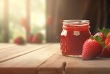 Strawberry jam glass jar. Summer fruit preserve sweet jelly dessert. Generate Ai
