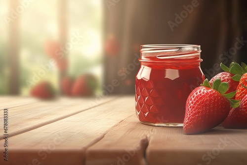 Strawberry jam glass jar. Summer fruit preserve sweet jelly dessert. Generate Ai