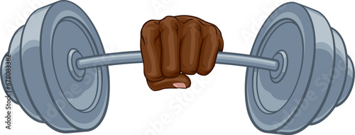 A weight lifting or weightlifting fist hand holding a heavy barbell or dumbbell concept.
