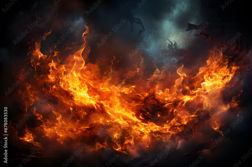 Black and orange flame on black background. Abstract Texture. Artistic design of flames that represents heat, power, hell, passion and danger. Pattern make wallpaper along walls of houses, building.