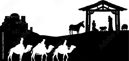 A Christmas nativity scene with baby Jesus in the manger, wise men and city of Bethlehem in the background