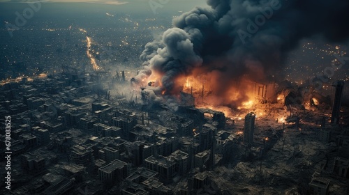 Aerial view of a city in the Middle East destroyed by an aerial bomb explosion with thick smoke billowing