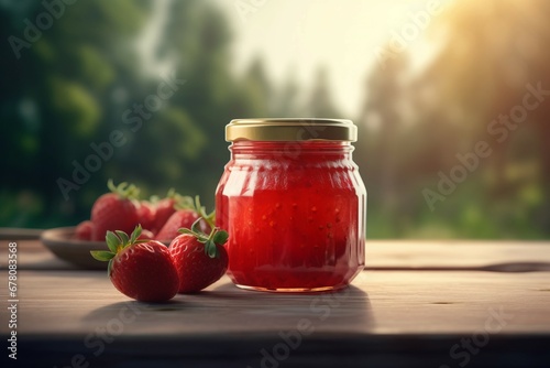 Strawberry jam glass jar at outdoor table. Natural food nutrition winter preserve. Generate Ai photo