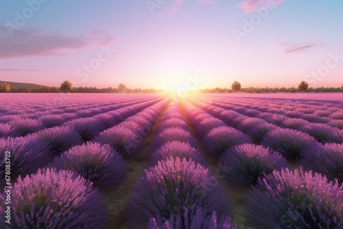 Sunset over lavender field. Floral summer nature aroma field. Generate Ai