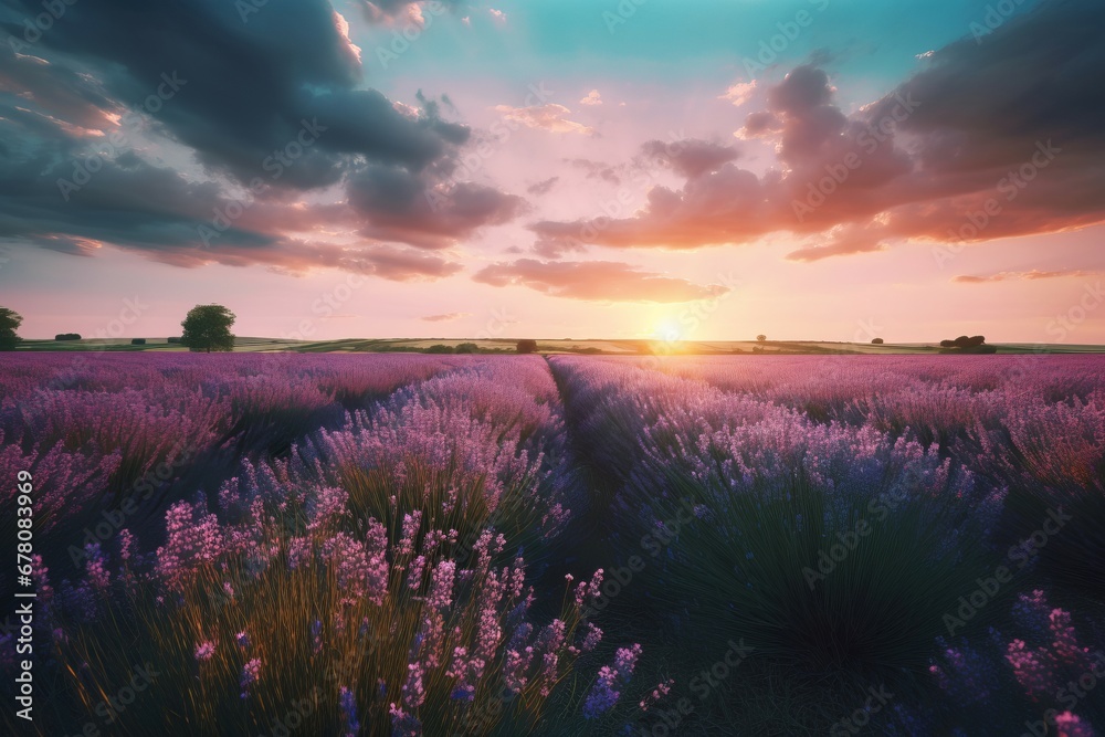 Sunset over lavender field scenery. Row agriculture scented bloom herbal. Generate Ai