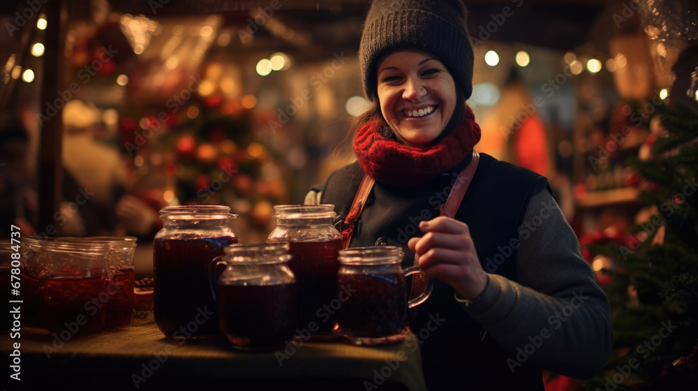 A smiling woman at an outdoor Christmas fair stand at night, surrounded by warm bokeh lighting - obrazy, fototapety, plakaty 