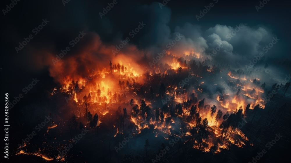 Aerial view of a forest fire with dense smoke at night