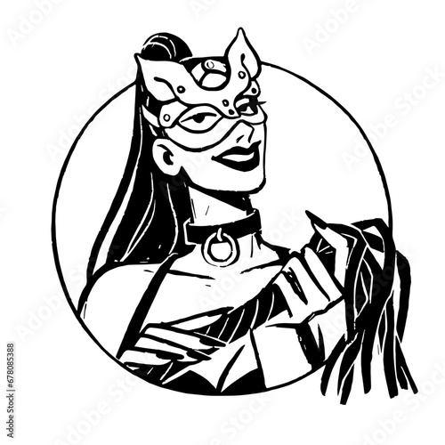 Sexy woman in latex, head avatar in circle. Extravagant girl portrait, user profile. Seductive female character in leather cat mask on face, whip in hand. Drawing isolated vector illustration on white