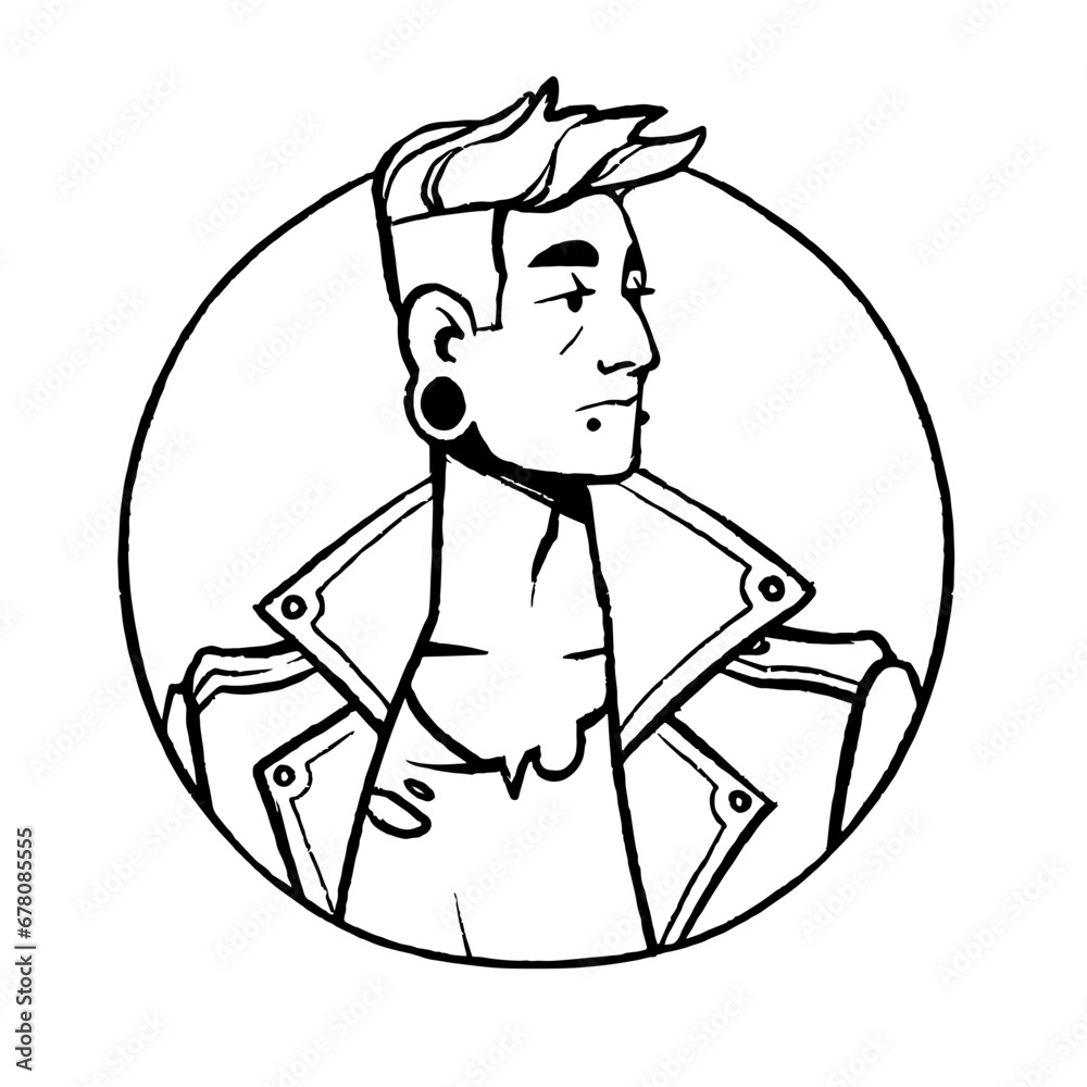 Brutal man face avatar in circle. Cool rock star, male character in leather jacket, tunnel earring, piercing. Person in rocker style head portrait. Outline isolated vector illustration on white