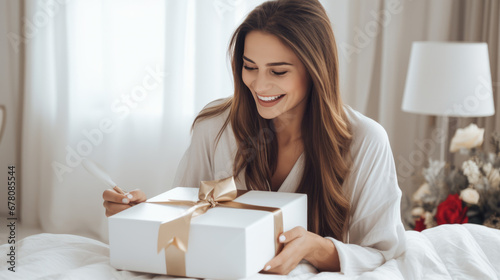 A joyful woman sitting on a bed, laughing with excitement as she holds a Christmas gift with a ribbon photo