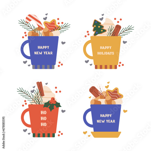 Happy new year and Merry Christmas greeting card with a cup and elements, cream, twigs, cookies, Christmas tree.