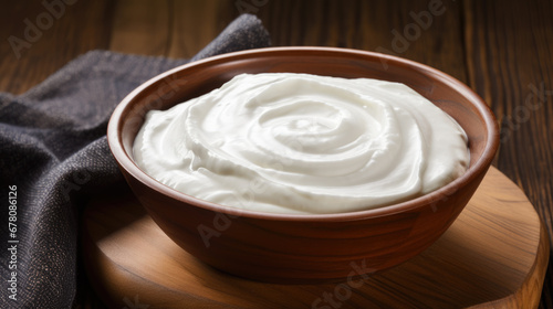 A luscious, smooth white cream is showcased in a wooden bowl, highlighting its glossy texture and rich consistency.