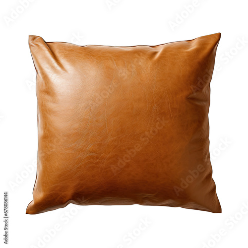 Single Brown Faux Leather Pillow Isolated on Transparent or White Background, PNG