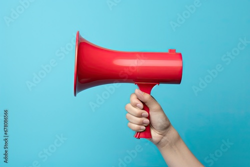 powerful of hand gripping a red megaphone on blue background, conveying messages with authority, amplified communication, and impactful announcements.