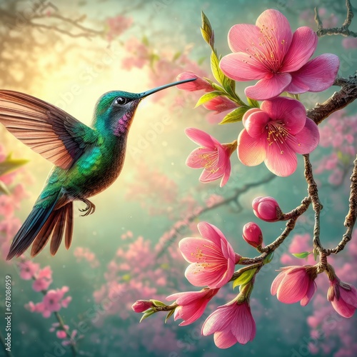 hummingbird in flight and flowers background photo © Deanmon