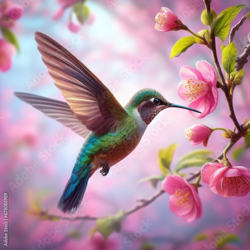 hummingbird in flight and flowers background photo