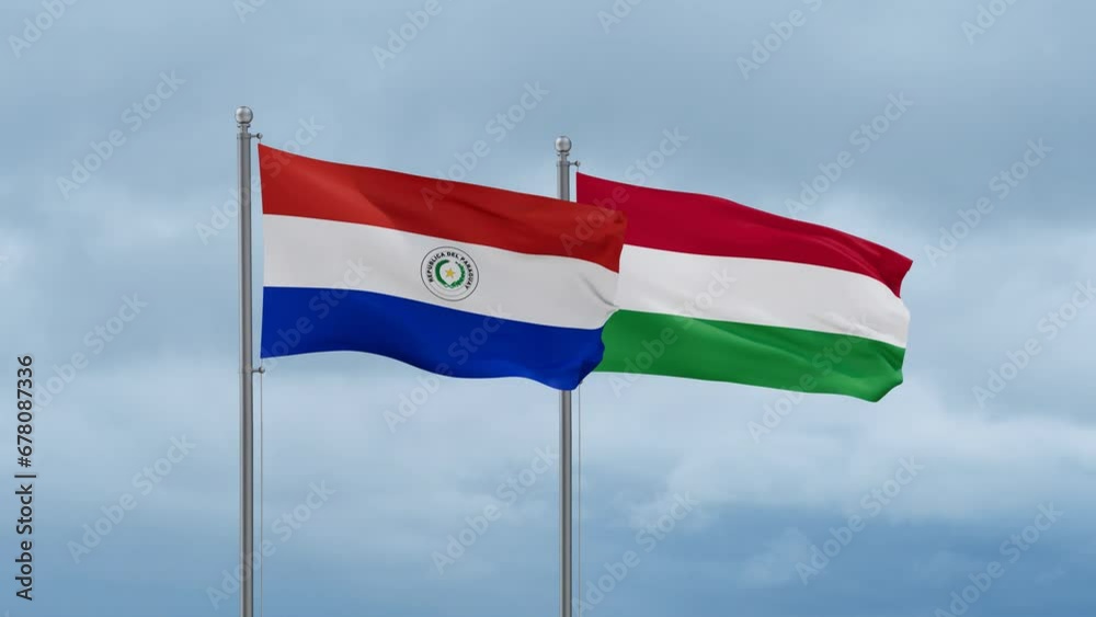 Hungary flag and Paraguay flag waving together on cloudy sky, endless seamless loop, two country relations concept Hungary flag and Paraguay flag waving together on cloudy sky, endless seamless loop, two country relations concept