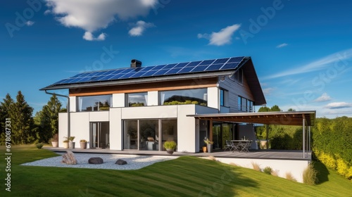 Modern house with solar panels on its roof and beautiful blue sky