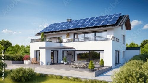 Modern house with solar panels on its roof and beautiful blue sky © theupperclouds