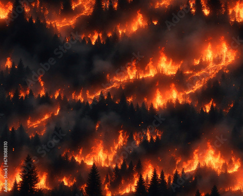 Burning forest at night.