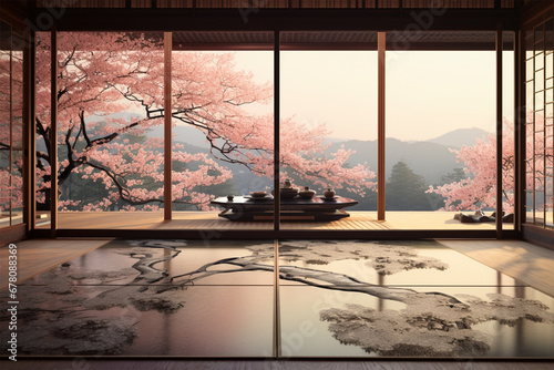 Japanese style decoration architecture, room with cherry blossom view © Goku