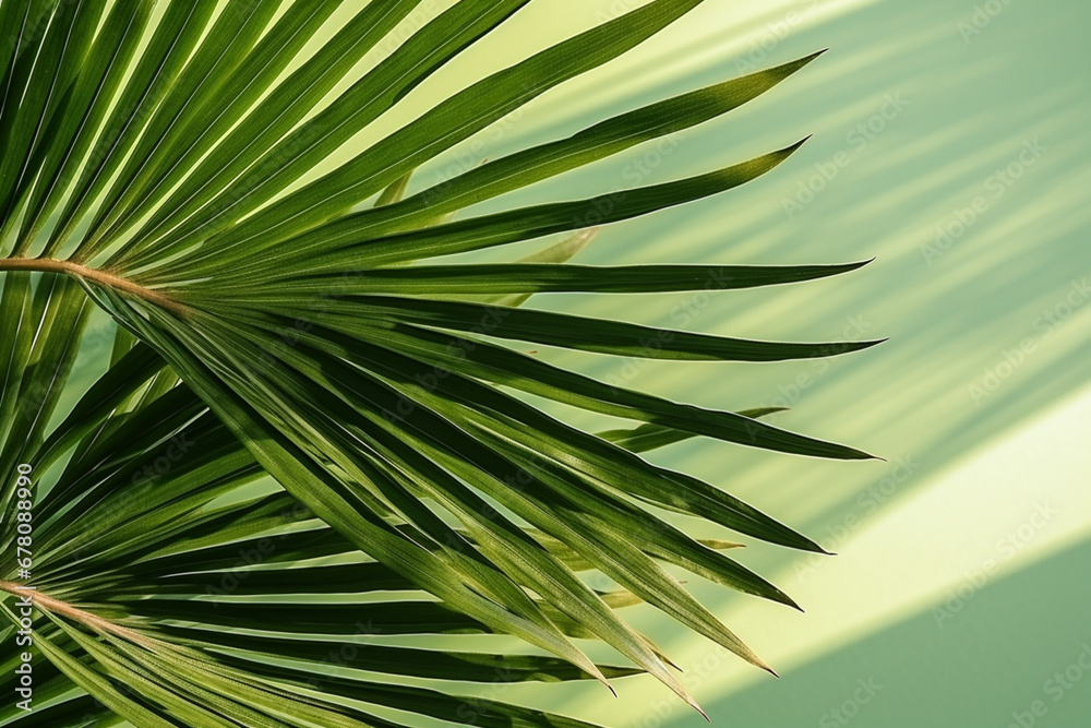 Palm leaves on a green background or surface with shadow and sunlight, aesthetic look Palm leaves on a green background or surface with shadow and sunlight, aesthetic look