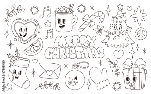 Groovy hippie Christmas stickers. Santa claus, sock, peace, holly jolly vibes, flower, winter, hot cocoa, present in trendy retro cartoon style. Character groovy for coloring book 50s, 60s, 70s