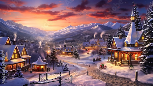 Winter Wonderland Village Scene.  Generated Image.  A digital rendering of a snow covered mountain village with a winter wonderland theme.