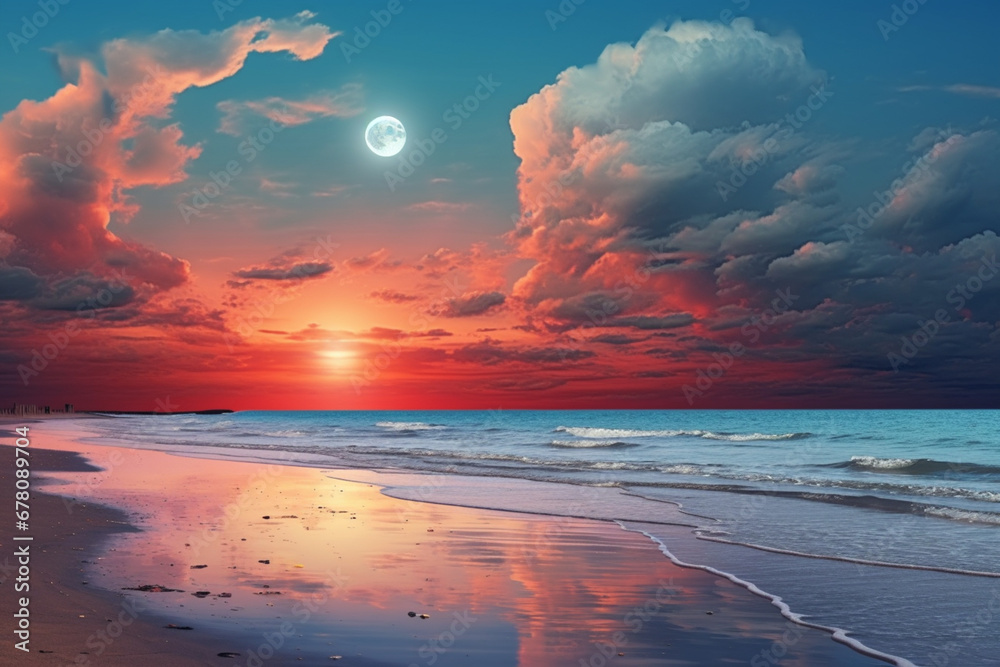 Panorama view of the sea, Colorful sky with cloud and bright full moon on seascape to night, soft light photography