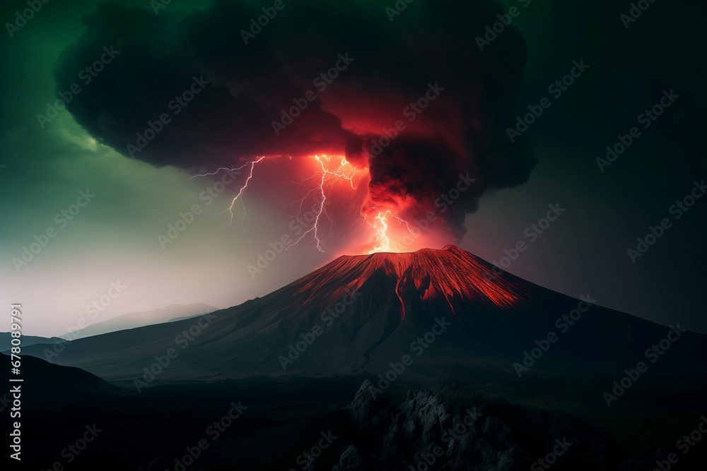 Volcano black sky eruption scene. Heat fire danger lava warm. Generate Ai