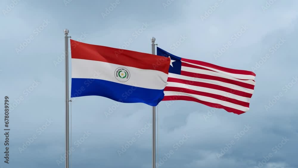 Liberia and Paraguay flag waving together on cloudy sky, endless seamless loop, two country cooperation concept Liberia and Paraguay flag waving together on cloudy sky, endless seamless loop, two country cooperation concept
