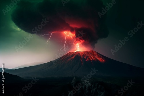 Volcano black sky eruption scene. Heat fire danger lava warm. Generate Ai